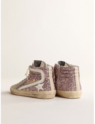 Slide in glitter lilla con stella e virgola in pelle bianca