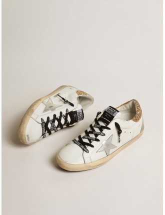 Sneakers Super-Star Donna bianche in pelle con talloncino glitter