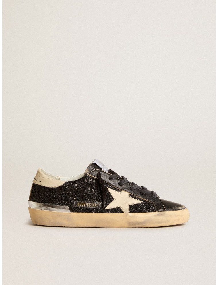 Super-Star Donna in glitter e nappa neri con stella e talloncino in pelle crema