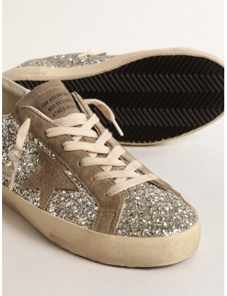 Super-Star Donna in glitter platino con stella in suede color tortora