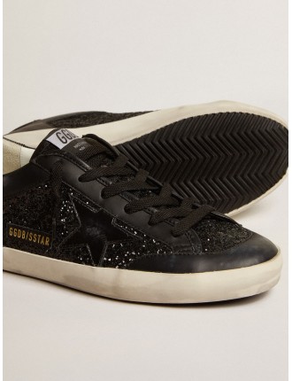 Super-Star Donna in nappa e glitter neri con stella in pelle lucida nera