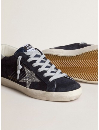 Super-Star Donna in suede blu con stella in glitter argento e talloncino in pelle