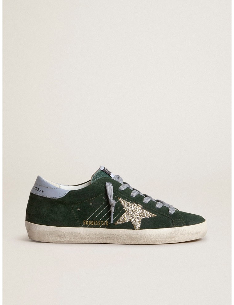 Super-Star Donna in suede verde con stella in glitter argento e talloncino in pelle