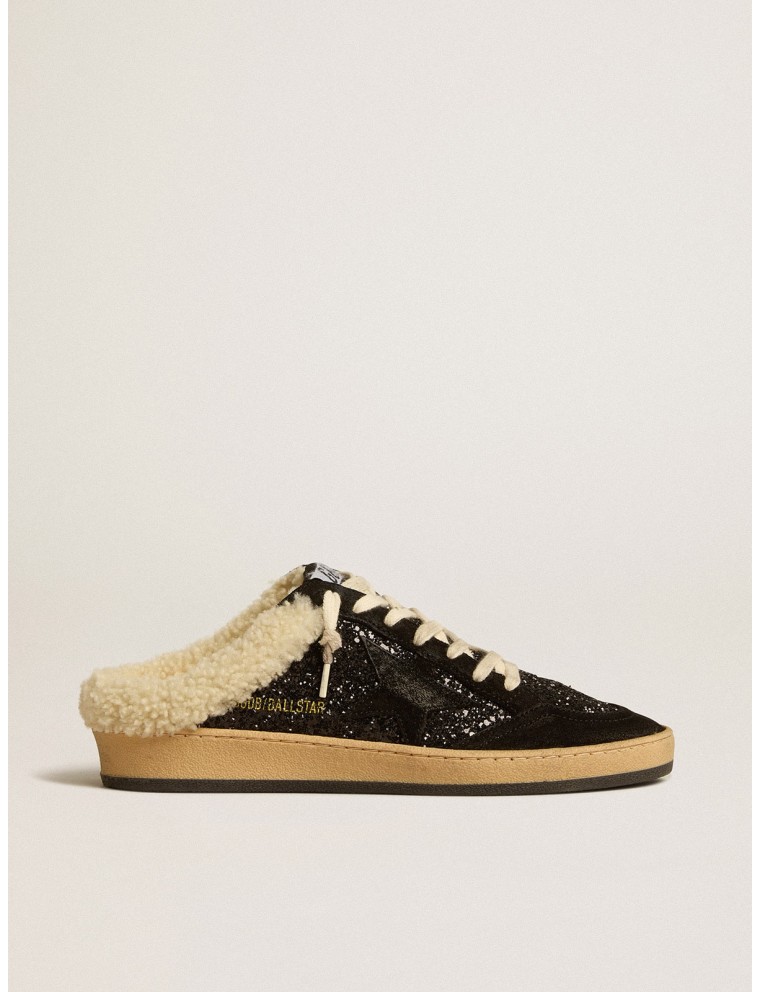 Ball Star Sabot in glitter neri con stella nera e fodera in shearling