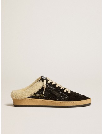 Ball Star Sabot in glitter neri con stella nera e fodera in shearling