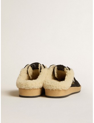 Ball Star Sabot in glitter neri con stella nera e fodera in shearling