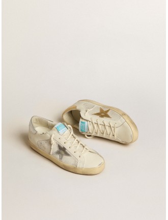 Super-Star in pelle e suede bianchi con stella in pelle argento e oro