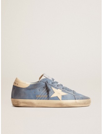 Super-Star in suede azzurro con stella e talloncino in pelle beige