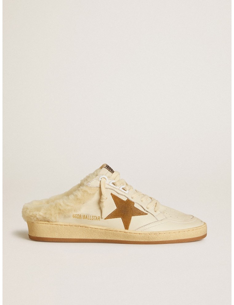 Ball Star Sabot in pelle con stella in suede e fodera in shearling beige