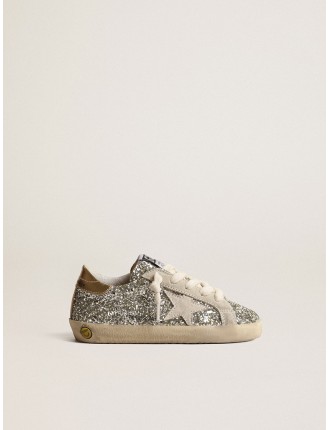 Super-Star Junior in glitter con stella in suede e talloncino oro