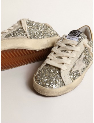 Super-Star Junior in glitter con stella in suede e talloncino oro