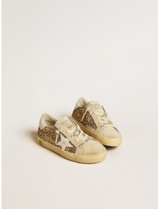 Super-Star Junior in glitter oro con stella e talloncino in pelle bianca