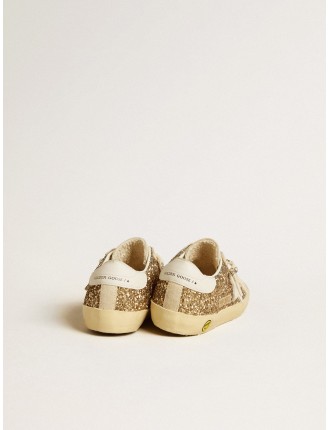 Super-Star Junior in glitter oro con stella e talloncino in pelle bianca