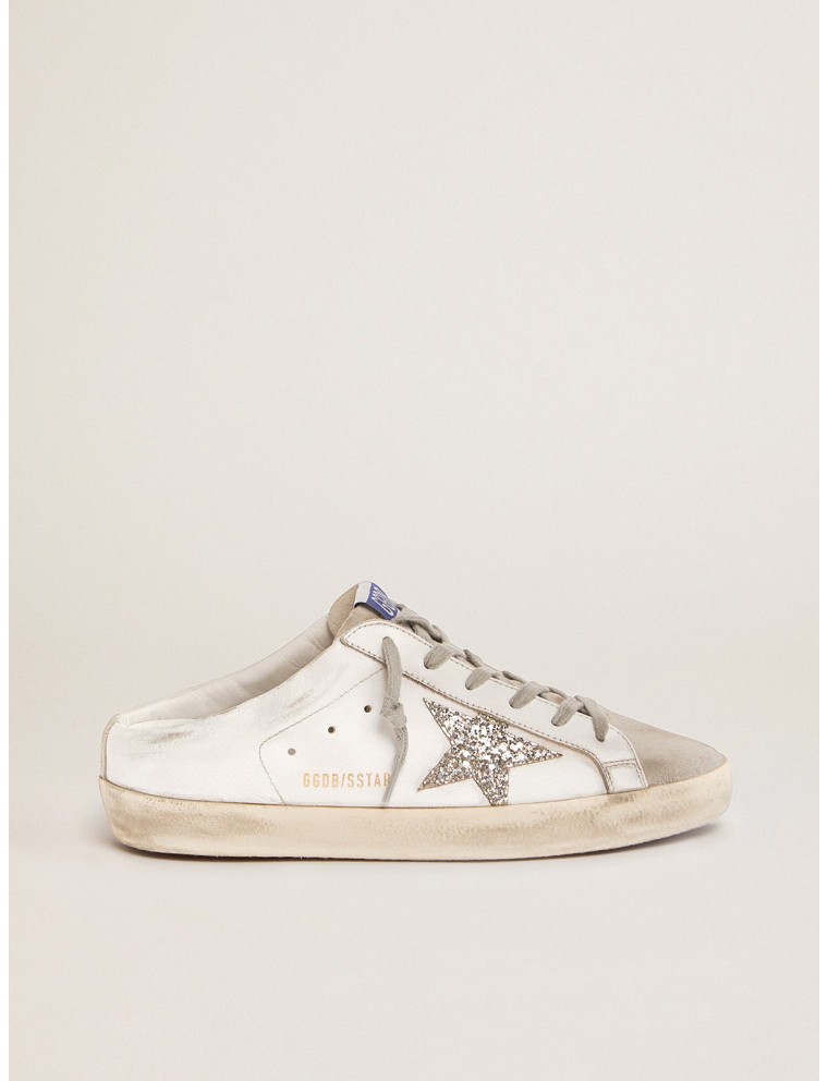 Super-Star Sabot con stella in glitter platino e linguetta in suede