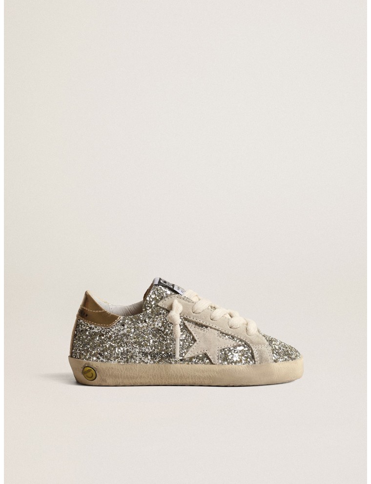 Super-Star Young in glitter con stella in suede e talloncino oro