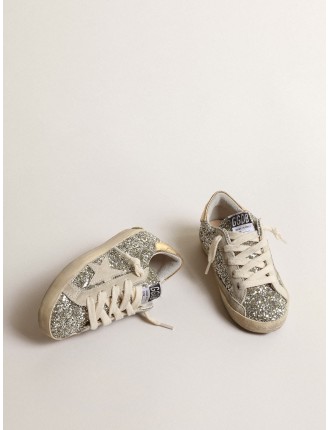 Super-Star Young in glitter con stella in suede e talloncino oro