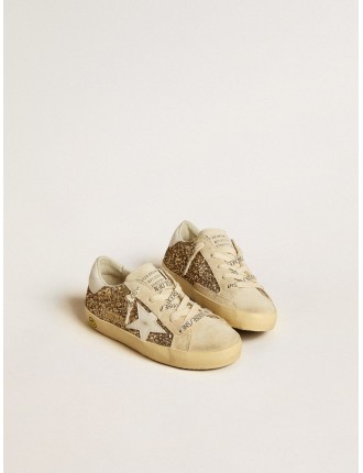 Super-Star Young in glitter oro con stella e talloncino in pelle bianca