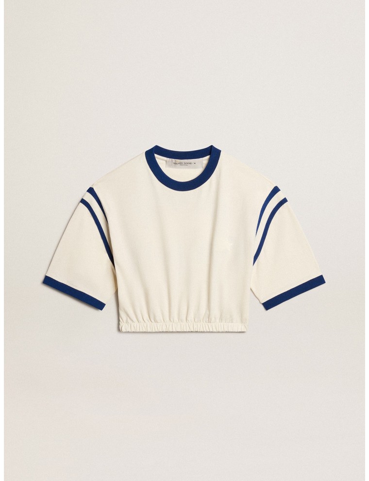 T-shirt cropped in cotone color bianco vissuto con scritta sul retro