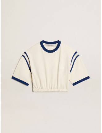 T-shirt cropped in cotone color bianco vissuto con scritta sul retro