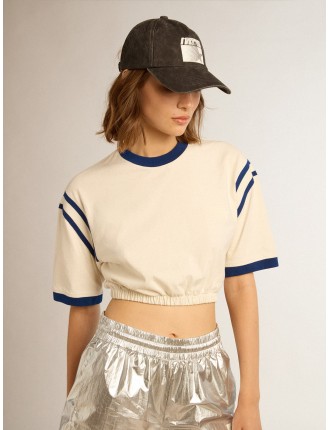 T-shirt cropped in cotone color bianco vissuto con scritta sul retro