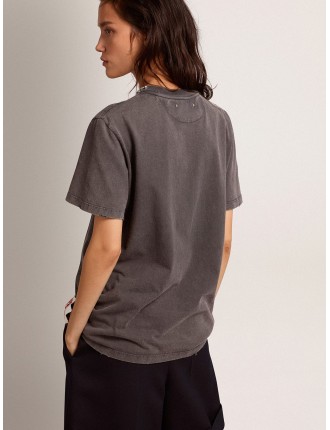 T-shirt da donna color grigio antracite e cristalli