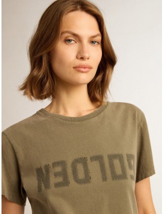 T-shirt da donna color verde oliva con scritta Golden