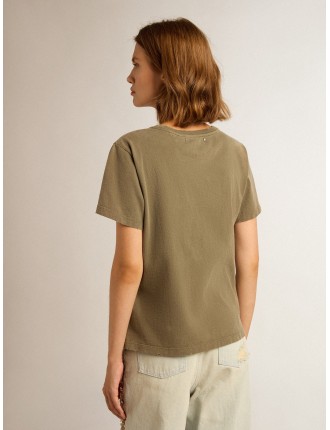 T-shirt da donna color verde oliva con scritta Golden