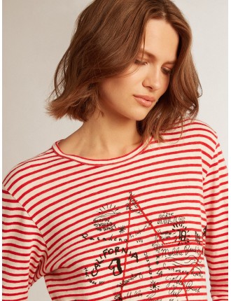 T-shirt da donna con righe bianche e rosse e ricamo sul davanti