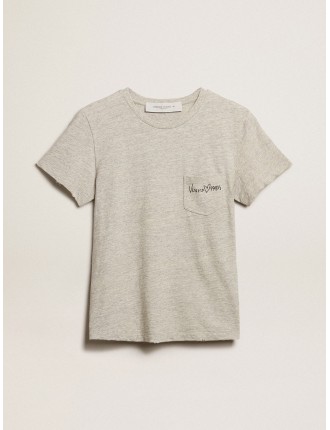 T-shirt da donna in cotone color grigio melange e scritta ricamata