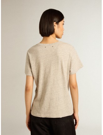 T-shirt da donna in cotone color grigio melange e scritta ricamata