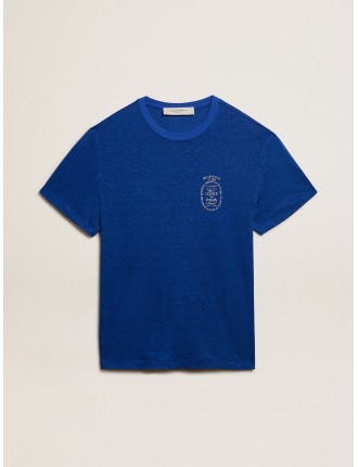 T-shirt da uomo in lino di colore blu e con stampa sul cuore