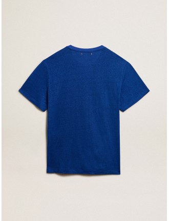 T-shirt da uomo in lino di colore blu e con stampa sul cuore