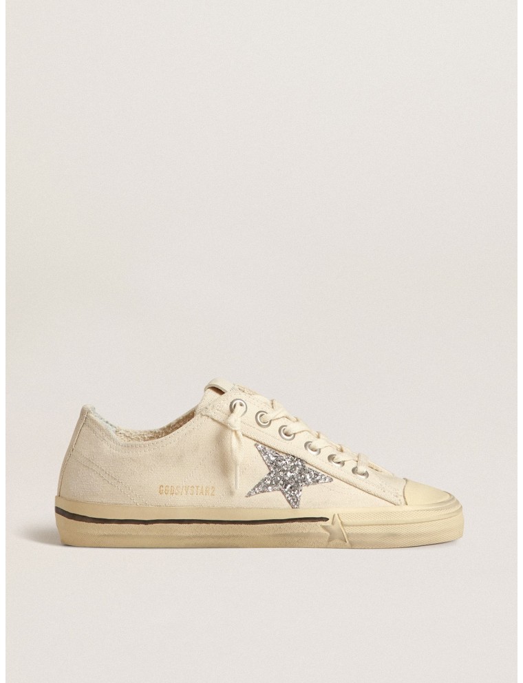 V-Star in canvas beige con stella in glitter argento