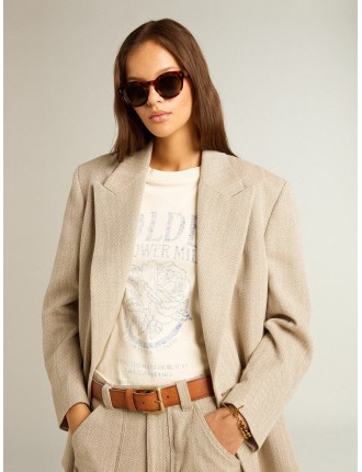 Blazer doppiopetto di colore beige da donna con chiusura a bottoni