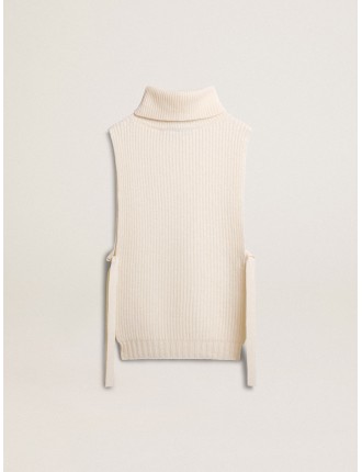 Body warmer in lana a collo alto unisex a costine di colore bianco